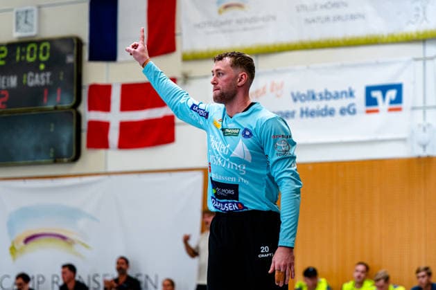 August 7, 2026, xdobgx, 2026 Heide Cup Handball Tournament, TSV Hannover Burgdorf vs. Mors Thy Handball; from left: Oliver Larsen, Mors Thy Handball; 20 players celebrating a saved shot; blocked, saved, goalkeeper