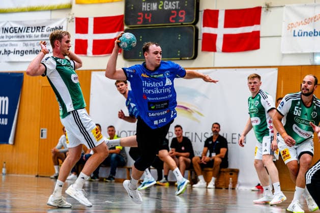 August 7, 2026, xdobgx, 2026 Heide Cup Handball Tournament, TSV Hannover Burgdorf vs. Mors Thy Handball; from left: Jonas Nielsen (Mors Thy Handball), taking a shot, in action, throwing