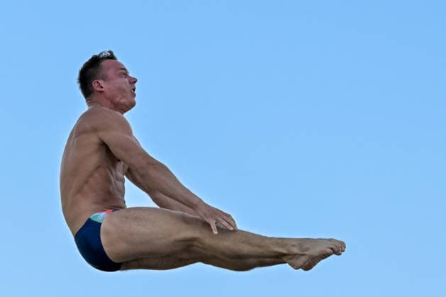 Davide Baraldi of Italy competes in the high diving 20m Round 1-2 Men during the European Aquatics Championships at the River Seine in Paris (France), August 7, 2026. Giorgio Scala DBM - Deepbluemedia Insidefoto