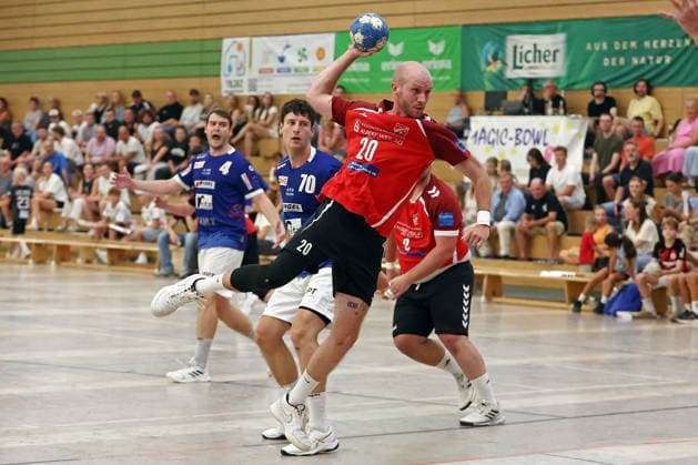 August 7, 2026, xovx, Lindencup Handball Tournament, TuS Holzheim vs. HSG Pohlheim: Leon Friedl (HSG Pohlheim), Christoph Träger (HSG Pohlheim), Leon Bühler (TuS Holzheim), Nils Wolfram (TuS Holzheim), Linden City Hall, Hesse, Germany, DE