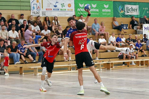 August 7, 2026, xovx, Lindencup Handball Tournament, TuS Holzheim vs. HSG Pohlheim; l Christoph Horn (TuS Holzheim), Christoph Träger (HSG Pohlheim), Maxim Hölzer (TuS Holzheim); Linden Stadthalle, Hesse, Germany, DE
