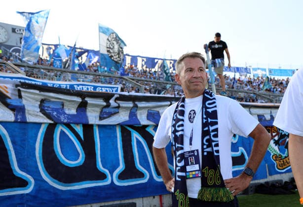 Soccer, Men s, Bavarian Regional League, 2026–2027 Season, TSV 1860 Munich vs. FC Augsburg II, Grünwalder Stadium; Gernot Mang, President of TSV 1860 Munich, standing in front of the Westkurve before the game, Ultras