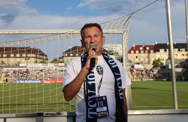 Soccer, Men s, Bavarian Regional League, 2026–2027 Season, TSV 1860 Munich vs. FC Augsburg II, Grünwalder Stadium; Gernot Mang, President of TSV 1860 Munich, standing in front of the Westkurve before the game, Ultras; here he is speaking to the fans