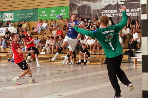August 7, 2026, xovx, Lindencup Handball Tournament, TuS Holzheim vs. HSG Pohlheim; Max Schneider (TuS Holzheim), Christoph Horn (TuS Holzheim), Torben Weinandt (HSG Pohlheim), Ben Fischer (TuS Holzheim); Linden Stadthalle, Hesse, Germany, DE