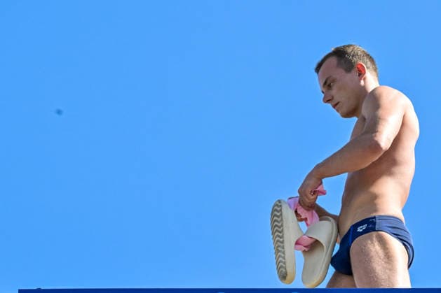 Davide Baraldi of Italy competes in the high diving 20m Round 1-2 Men during the European Aquatics Championships at the River Seine in Paris (France), August 7, 2026. Giorgio Scala DBM - Deepbluemedia Insidefoto