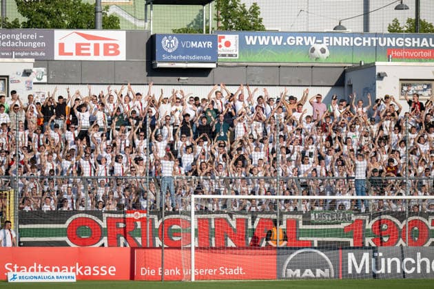FC Augsburg II fans, TSV 1860 Munich vs. FC Augsburg II, soccer, Bavarian Regional League, Matchday 3, August 7, 2026. DFB regulations prohibit any use of photographs as image sequences and or quasi-video. Munich, Bavaria, Germany Copyright: xkolbert-press UlrichxGamelx
