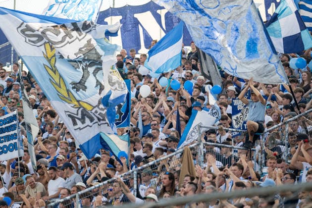 Fans of TSV 1860 Munich, TSV 1860 Munich vs. FC Augsburg II, soccer, Bavarian Regional League, Matchday 3, August 7, 2026. DFB regulations prohibit any use of photographs as image sequences and or quasi-video. Munich, Bavaria, Germany Copyright: xkolbert-press UlrichxGamelx