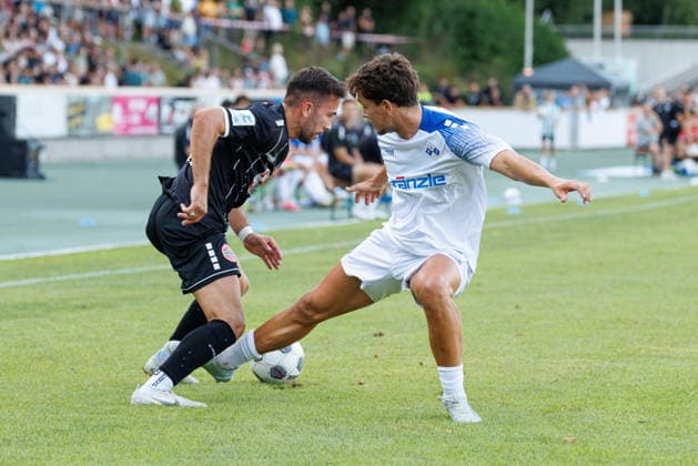 Furkan Kircicek, 19, of TSV Landsberg, and Jordi Wegmann, 19, of FV Illertissen 1921, during the match between TSV Landsberg and FV Illertissen 1921, soccer, men’s, Bavarian Regional League, 2026–2027, Matchday 3 on August 7, 2026, in Landsberg am Lech, Sportpark, Bavaria, Germany