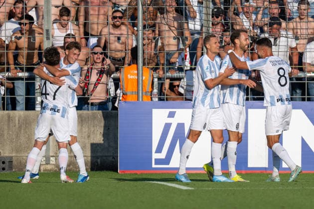 Goal celebration after the 1-0, TSV 1860 Munich, TSV 1860 Munich vs. FC Augsburg II, Soccer, Bavarian Regional League, Matchday 3, August 7, 2026 DFB regulations prohibit any use of photographs as image sequences and or quasi-video Munich, Bavaria, Germany Copyright: xkolbert-press UlrichxGamelx
