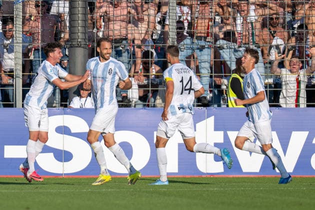 Goal celebration after the 1-0, TSV 1860 Munich, TSV 1860 Munich vs. FC Augsburg II, Soccer, Bavarian Regional League, Matchday 3, August 7, 2026 DFB regulations prohibit any use of photographs as image sequences and or quasi-video Munich, Bavaria, Germany Copyright: xkolbert-press UlrichxGamelx
