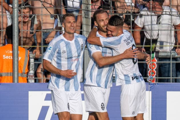 Goal celebration after the 1-0, TSV 1860 Munich, TSV 1860 Munich vs. FC Augsburg II, Soccer, Bavarian Regional League, Matchday 3, August 7, 2026 DFB regulations prohibit any use of photographs as image sequences and or quasi-video Munich, Bavaria, Germany Copyright: xkolbert-press UlrichxGamelx