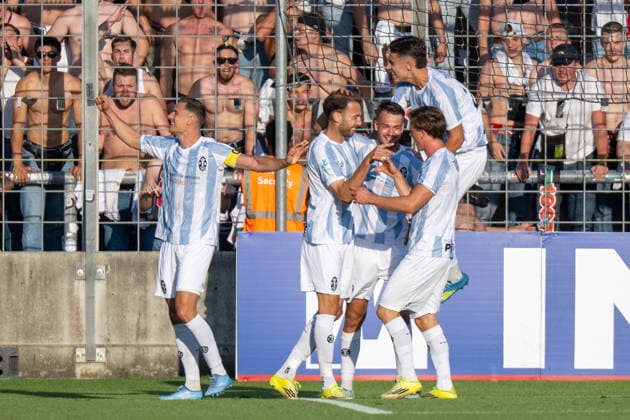 Goal celebration after the 1-0, TSV 1860 Munich, TSV 1860 Munich vs. FC Augsburg II, Soccer, Bavarian Regional League, Matchday 3, August 7, 2026 DFB regulations prohibit any use of photographs as image sequences and or quasi-video Munich, Bavaria, Germany Copyright: xkolbert-press UlrichxGamelx