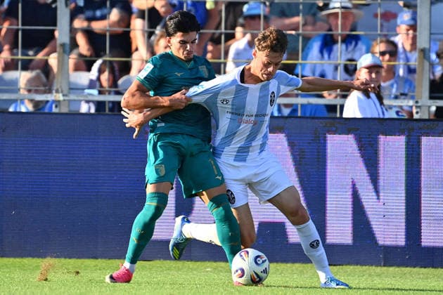 Emre ERDOGAN, 1860 Munich, Action, Tackle against Aris Isa MALAJ A, Bavarian Regional League Soccer, 2026–2027 Season, Matchday 26–27, Game 3: TSV 1860 Munich vs. FC Augsburg II on August 7, 2026, at Grünwalder Stadion in Munich