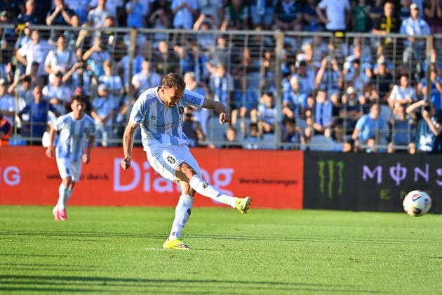 Goal by Michael EBERWEIN of 1860 Munich, making it 1–0 on a penalty kick, penalty, play,shot, soccer, Bavarian Regional League, 2026–2027 season, Matchday 26–27, 3, TSV 1860 Munich vs. FC Augsburg II on August 7, 2026, in Munich at Grünwalder Stadion