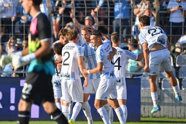 Collective goal celebration for Michael EBERWEIN of 1860 Munich after scoring the 1-0 goal; celebration, joy,excitement, action—Bavarian Regional League soccer, 2026–2027 season, Matchday 26–27, Game 3: TSV 1860 Munich vs. FC Augsburg II on August 7, 2026, at Grünwalder Stadium in Munich