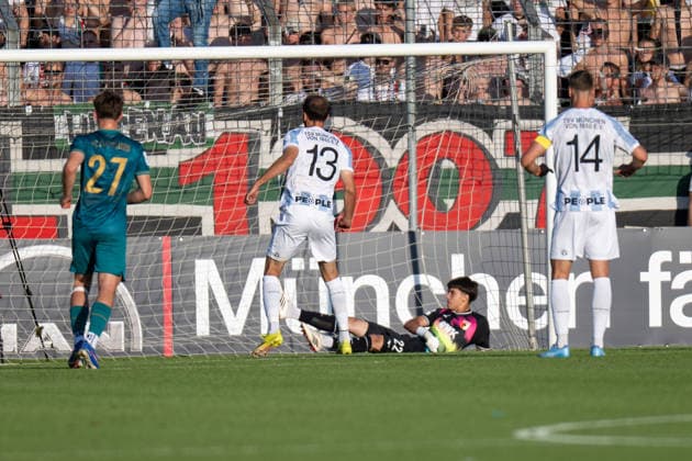 Toom Heinz Wisbreit 22 of FC Augsburg II dives the wrong way on a penalty kick; goal; TSV 1860 Munich vs. FC Augsburg II; soccer; Bavarian Regional League; Matchday 3; August 7, 2026 DFB regulations prohibit any use of photographs as image sequences and or quasi-video Munich, Bavaria, Germany Copyright: xkolbert-press UlrichxGamelx