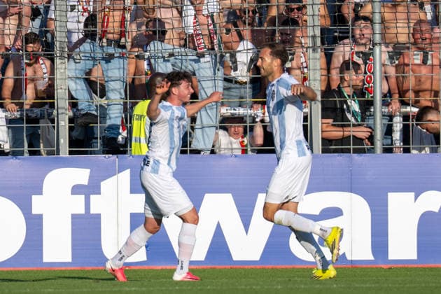 Goal celebration after the 1-0, TSV 1860 Munich, TSV 1860 Munich vs. FC Augsburg II, Soccer, Bavarian Regional League, Matchday 3, August 7, 2026 DFB regulations prohibit any use of photographs as image sequences and or quasi-video Munich, Bavaria, Germany Copyright: xkolbert-press UlrichxGamelx