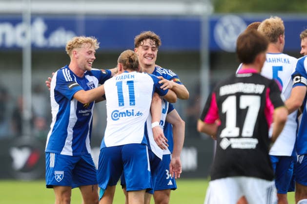 August 7, 2026, Soccer, Men s, Regionalliga Nord, Matchday 2, BSV Kickers Emden vs. Hamburger SV II – Celebration of the 2–0 goal by Theo Schröder (No. 9, BSV Kickers Emden)