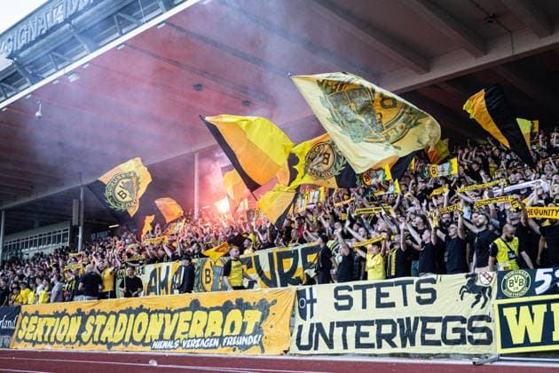 Regionalliga West: Borussia Dortmund II vs. 1. FC Köln II, August 7, 2026 Borussia Dortmund U23 fans with pyrotechnics Regionalliga West Borussia Dortmund II 1 FC Köln II, Rote Erde, Dortmund August 7, 2026 DFB regulations prohibit any use of photographs as image sequences and or quasi-video Copyright: xBEAUTIFULxSPORTS Buriakovx