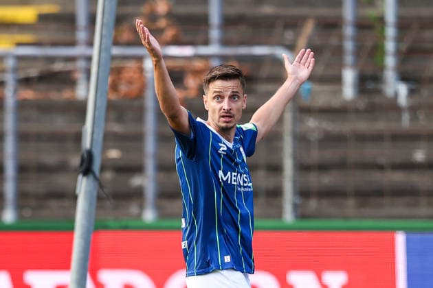 August 7, 2026, xkwix, Soccer, Regionalliga West, FC Gütersloh vs. VfL Bochum II, Heidewaldstadion, Matchday 2, 2026–2027 Season Patrik Twardzik FC Gütersloh 18 celebrating on the sideline DFB regulations prohibit any use of photographs as image sequences and or quasi-video Photo by xKamilxWilkowskixPressefotoKochx North Rhine-Westphalia, Germany