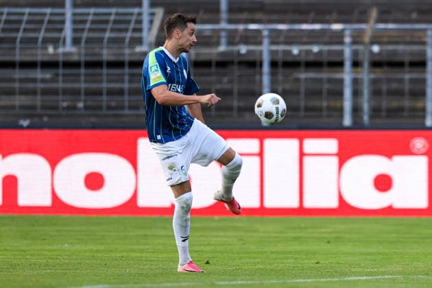 August 7, 2026, xkwix, Soccer, Regionalliga West, FC Gütersloh vs. VfL Bochum II, Heidewaldstadion, Matchday 2, 2026–2027 Season: Patrik Twardzik of FC Gütersloh takes a shot on goal. DFB regulations prohibit any use of photographs as image sequences and or quasi-video. Photo: xKamilxWilkowskixPressefotoKochx, North Rhine-Westphalia, Germany