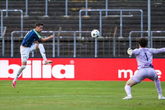 August 7, 2026, xkwix, Soccer, Regionalliga West, FC Gütersloh vs. VfL Bochum II, Heidewaldstadion, Matchday 2, 2026–2027 Season: Patrik Twardzik of FC Gütersloh takes a shot on goal. DFB regulations prohibit any use of photographs as image sequences and or quasi-video. Photo: xKamilxWilkowskixPressefotoKochx, North Rhine-Westphalia, Germany