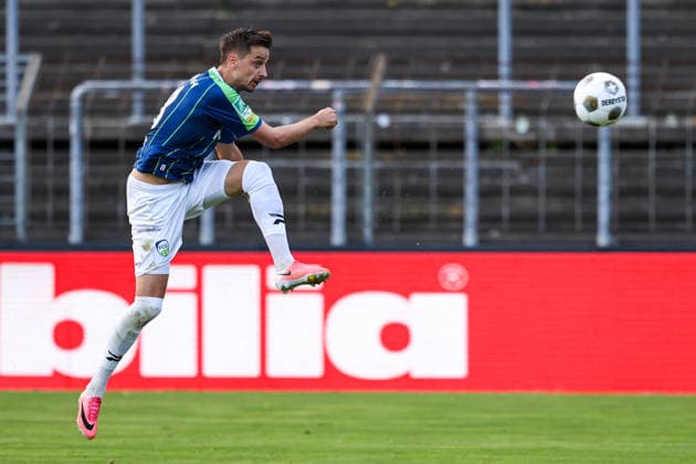 August 7, 2026, xkwix, Soccer, Regionalliga West, FC Gütersloh vs. VfL Bochum II, Heidewaldstadion, Matchday 2, 2026–2027 Season: Patrik Twardzik of FC Gütersloh takes a shot on goal. DFB regulations prohibit any use of photographs as image sequences and or quasi-video. Photo: xKamilxWilkowskixPressefotoKochx, North Rhine-Westphalia, Germany