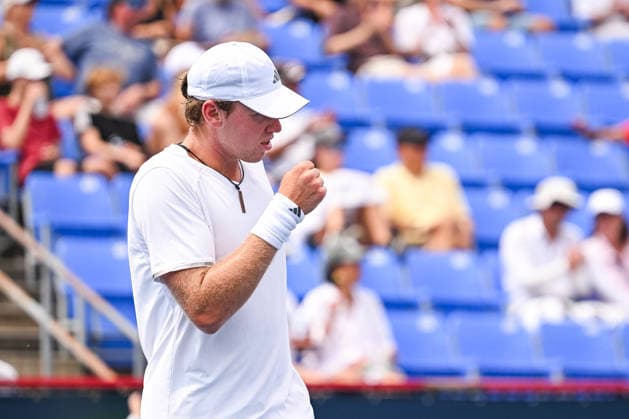 MONTREAL, QC - AUGUST 07: Alex Michelsen (USA) reacts after scoring a point during a third round match at National Bank Open on August 07, 2026 at IGA Stadium in Montreal, QC (Photo by David Kirouac Icon Sportswire) TENNIS: AUG 07 National Bank Open EDITORIAL USE ONLY Icon26080701826
