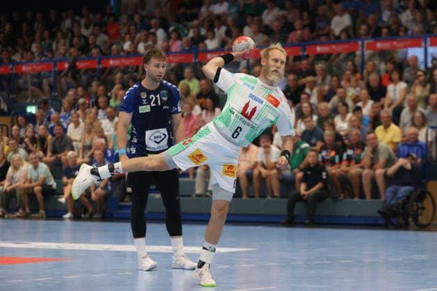 August 7, 2026, xtgx, Handball Tournament, EHV Aue vs. SC Magdeburg emspor, from left: Matthias Musche (Magdeburg), 6 takes a shot, goal scorer, scores a goal, Lößnitz