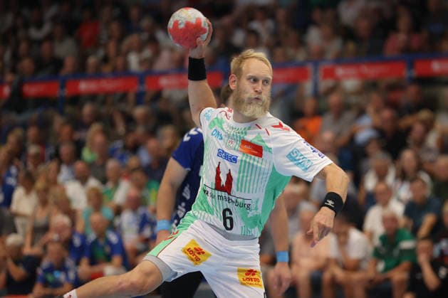 August 7, 2026, xtgx, Handball Tournament, EHV Aue vs. SC Magdeburg emspor, from left: Matthias Musche (Magdeburg), 6 takes a shot, goal scorer, scores a goal, Lößnitz