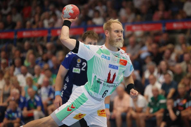 August 7, 2026, xtgx, Handball Tournament, EHV Aue vs. SC Magdeburg emspor, from left: Matthias Musche (Magdeburg), 6 takes a shot, goal scorer, scores a goal, Lößnitz