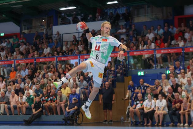 August 7, 2026, xtgx, Handball Tournament, EHV Aue vs. SC Magdeburg emspor, Matthias Musche (Magdeburg), 6 shots on goal, goal scorer, scores a goal, goal, scores the goal Lößnitz