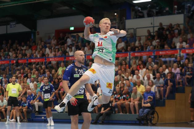 August 7, 2026, xtgx, Handball Tournament, EHV Aue vs. SC Magdeburg emspor, from left: Magnus Saugstrup (Magdeburg), 23 shots on goal, goal scorer, scores a goal, Lößnitz