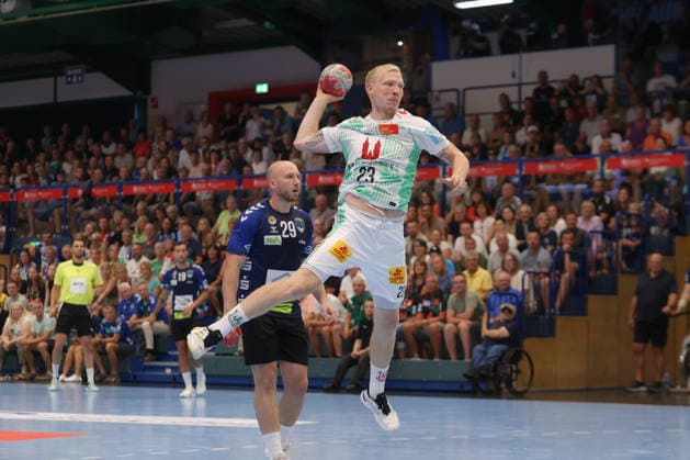 August 7, 2026, xtgx, Handball Tournament, EHV Aue vs. SC Magdeburg emspor, from left: Magnus Saugstrup (Magdeburg), 23 shots on goal, goal scorer, scores a goal, Lößnitz