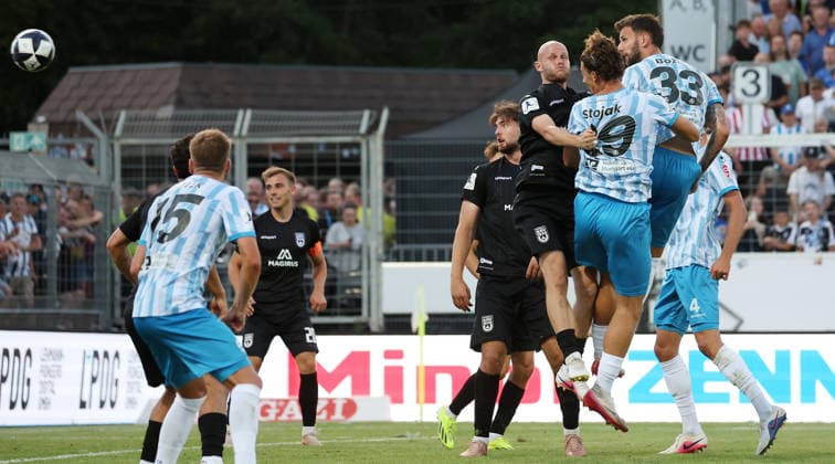 August 7, 2026, Germany, Stuttgart Degerloch, Soccer: Stuttgarter Kickers vs. SSV Ulm; Dejan Bozic of the Kickers scores the goal to tie the game at 1–1 with a header from the right
