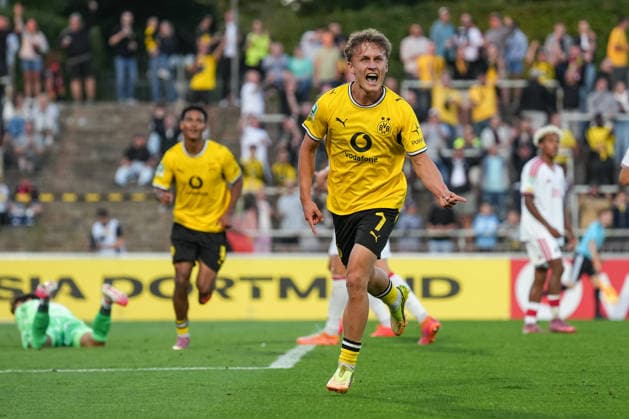 Friday, August 7, 2026 2026–2027 Season, Matchday 2 of the Regionalliga West at Rote Erde Stadium, Dortmund, Germany BV Borussia Dortmund U23 vs. 1. FC Köln U21 Fans celebrate after Tim Degener scores the 1–0 goal for BVB