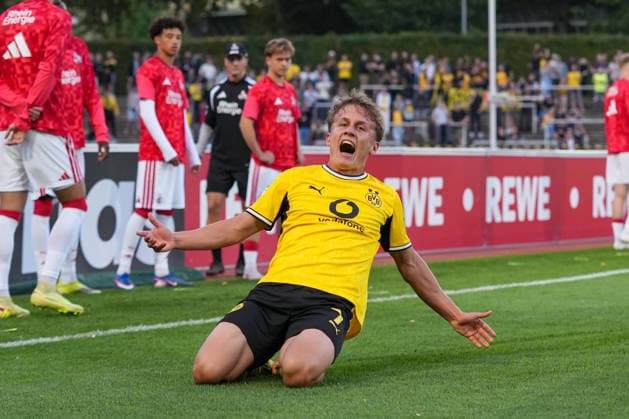 Friday, August 7, 2026 2026–2027 Season, Matchday 2 of the Regionalliga West at Rote Erde Stadium, Dortmund, Germany BV Borussia Dortmund U23 vs. 1. FC Köln U21 Fans celebrate after Tim Degener scores the 1–0 goal for BVB