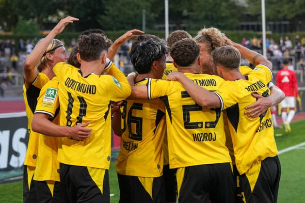 Friday, August 7, 2026 2026–2027 Season, Matchday 2 of the Regionalliga West at Rote Erde Stadium, Dortmund, Germany BV Borussia Dortmund U23 vs. 1. FC Köln U21 Fans celebrate after Tim Degener scores the 1–0 goal for BVB