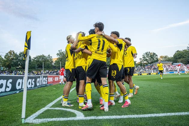 Regionalliga West: Borussia Dortmund II vs. 1. FC Köln II, August 7, 2026. Borussia Dortmund U23 celebrates the goal—1–0 by Tim Degener. Borussia Dortmund U23, 7. Regionalliga West: Borussia Dortmund II vs. 1. FC Köln II, Rote Erde, Dortmund, August 7, 2026 DFB regulations prohibit any use of photographs as image sequences and or quasi-video Copyright: xBEAUTIFULxSPORTS Buriakovx