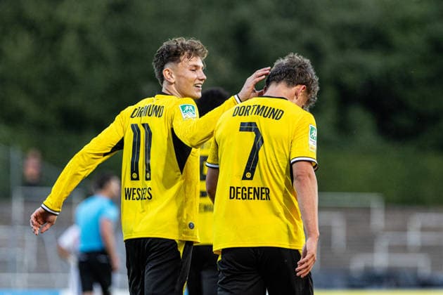 Regionalliga West: Borussia Dortmund II vs. 1. FC Köln II, August 7, 2026. Borussia Dortmund U23 celebrates the goal—1–0 by Tim Degener. Borussia Dortmund U23, 7. Regionalliga West: Borussia Dortmund II vs. 1. FC Köln II, Rote Erde, Dortmund, August 7, 2026 DFB regulations prohibit any use of photographs as image sequences and or quasi-video Copyright: xBEAUTIFULxSPORTS Buriakovx