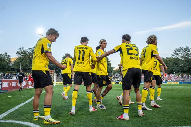 Regionalliga West: Borussia Dortmund II vs. 1. FC Köln II, August 7, 2026. Borussia Dortmund U23 celebrates the goal—1–0 by Tim Degener. Borussia Dortmund U23, 7. Regionalliga West: Borussia Dortmund II vs. 1. FC Köln II, Rote Erde, Dortmund, August 7, 2026 DFB regulations prohibit any use of photographs as image sequences and or quasi-video Copyright: xBEAUTIFULxSPORTS Buriakovx