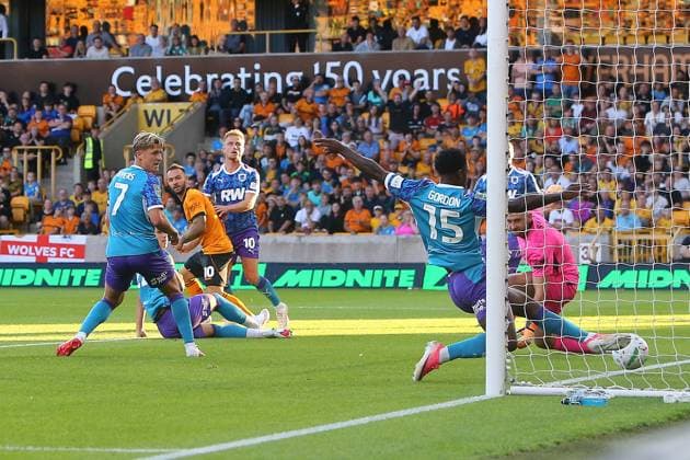 Adam Armstrong of Wolves scores their sides first goal Wolverhampton Wanderers v Port Vale, EFL Carabao Cup, First Round, Football, Molineux, Wolverhampton, UK - 07 Aug 2026Wolverhampton Molineux United Kingdom EDITORIAL USE ONLY No use with unauthorised audio, video, data, fixture lists, club league logos or live services. Online in-match use limited to 120 images, no video emulation. No use in betting, games or single club league player publications. Copyright: xPhilxOldham Shutterstockx 17050839aa
