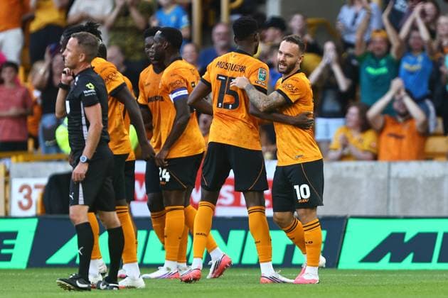 Adam Armstrong of Wolves celebrates scoring their sides first goal Wolverhampton Wanderers v Port Vale, EFL Carabao Cup, First Round, Football, Molineux, Wolverhampton, UK - 07 Aug 2026Wolverhampton Molineux United Kingdom EDITORIAL USE ONLY No use with unauthorised audio, video, data, fixture lists, club league logos or live services. Online in-match use limited to 120 images, no video emulation. No use in betting, games or single club league player publications. Copyright: xPhilxOldham Shutterstockx 17050839ah