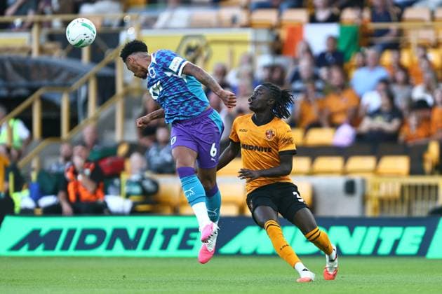 Jordan Gabriel of Port Vale and Mateus Mane of Wolves Wolverhampton Wanderers v Port Vale, EFL Carabao Cup, First Round, Football, Molineux, Wolverhampton, UK - 07 Aug 2026Wolverhampton Molineux United Kingdom EDITORIAL USE ONLY No use with unauthorised audio, video, data, fixture lists, club league logos or live services. Online in-match use limited to 120 images, no video emulation. No use in betting, games or single club league player publications. Copyright: xPhilxOldham Shutterstockx 17050839ad