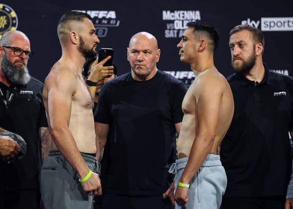 Zuffa Boxing 10 Aaron McKenna vs Etinosa Oliha Weigh-In, 3Arena, Dublin 7 8 2026 Louis Greene, UFC CEO and President Dana White and Daniel Buciuc Louis Greene, Dana White and Daniel Buciuc 7 8 2026  Copyright: xx BB3_7030