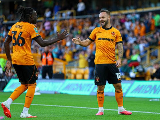 WOLVERHAMPTON, ENGLAND - August 7: Goal. Adam Armstrong of Wolves celebrates scoring during the Carabao Cup football match between Wolverhampton Wanderers and Port Vale at Molineux stadium on August 7 2026 in Wolverhampton, England Copyright: xNataliexMincher SPPx Sportspressphoto_SPR202146