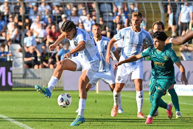 Scoring chance by Loris HUSIC of TSV 1860 Munich with a backheel move in the penalty area—Bavarian Regional League soccer, 2026–2027 season,Matchday 26–27, Game 3: TSV 1860 Munich vs. FC Augsburg II on August 7, 2026, at Grünwalder Stadion in Munich