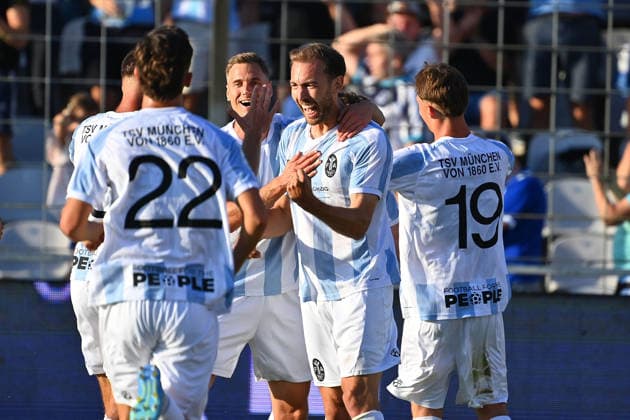 Collective goal celebration for Michael EBERWEIN of 1860 Munich after scoring the 1-0 goal; celebration, joy,excitement, action—Bavarian Regional League soccer, 2026–2027 season, Matchday 26–27, Game 3: TSV 1860 Munich vs. FC Augsburg II on August 7, 2026, at Grünwalder Stadion in Munich