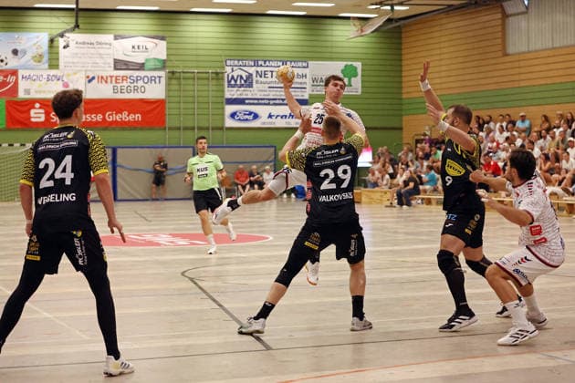 August 7, 2026, xovx, Lindencup Handball Tournament, TV Hüttenberg vs. HSC 2000 Coburg; Sven Wesseling (HSC Coburg), Torsten Anselm (TV Hüttenberg), Leonards Valkovskis, HSC Coburg; Bartlomiej Bis, HSC Coburg; Vit Reichl, TV Hüttenberg; Linden Stadthalle, Hesse, Germany, DE