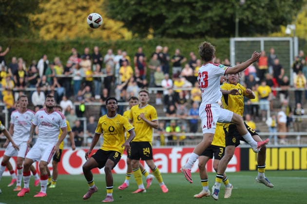 August 7, 2026, xsefx, Soccer, Borussia Dortmund II U23 vs. 1. FC Köln II U21, Regionalliga West, Rote Erde Stadium, Matchday 2, 2026–2027 Season: Luiz Labenz (1. FC Köln II U21) jumps for a header. DFB regulations prohibit any use of photographs as image sequences and or quasi-video. North Rhine-Westphalia, Germany